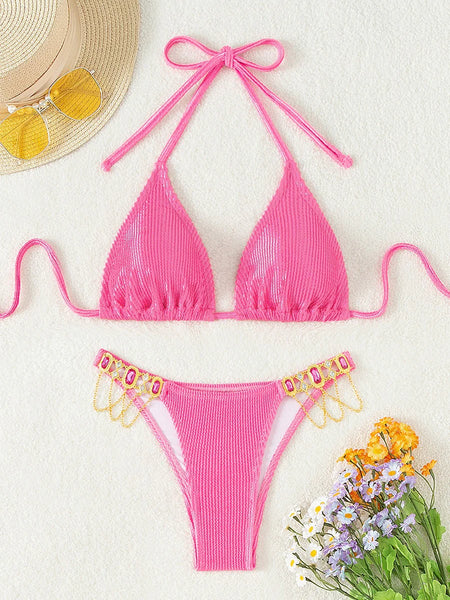 SOLID COLOR CYSTAL LACE-UP BIKINI