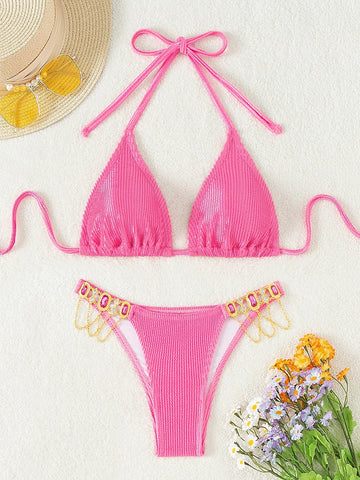 SOLID COLOR CYSTAL LACE-UP BIKINI