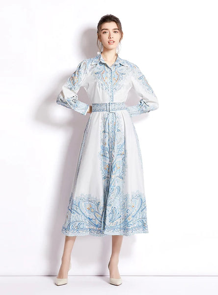 PRINTED LONG SLEEVE HIGH WAIST SLIM DRESS