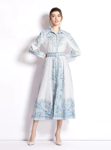 PRINTED LONG SLEEVE HIGH WAIST SLIM DRESS