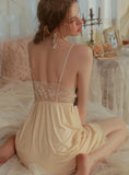 FASHION V-NECK GAUZE STITCHING LACE PERSPECTIVE NIGHTGOWN