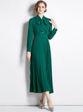 TIE-LED LONG-SLEEVED STITCHING BIG SWING DRESS