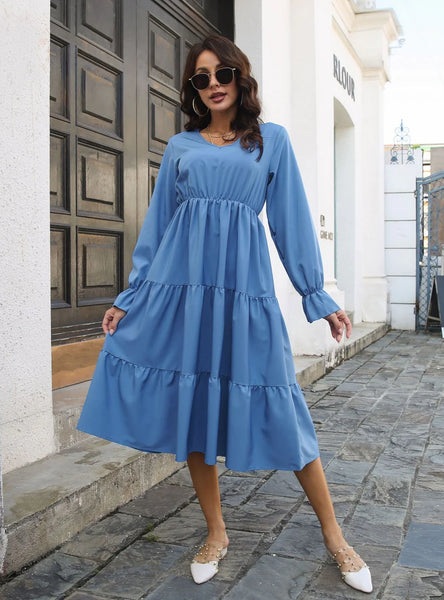 V-NECK FLARED SLEEVE LONG SLEEVE DRESS