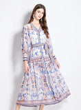 CHIFFON V-NECK LANTERN SLEEVE PRINTED DRESS