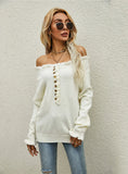 FASHION PULLOVER BUTTON ROUND NECK WOOD EAR SWEATER