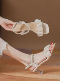 CRYSTAL THICK-HEELED PEARL SANDALS
