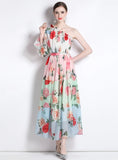 CHIFFON DIAGONAL SHOULDER BEACH PRINT DRESS