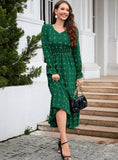 V-NECK LONG SLEEVE JACQUARD SILM WAIST DRESS