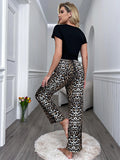 FASHION WAIST-EXPOSED SHORT-SLEEVED LEOPARD PRINT TROUSERS SUIT