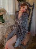 SEXY VELVET LAPEL SOLID COLOR LACE-UP BATHROBE
