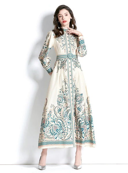 PALACE LANTERN SLEEVE LONG PRINTED DRESS