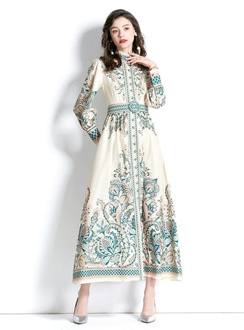 PALACE LANTERN SLEEVE LONG PRINTED DRESS