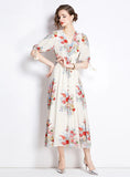 FLOWER BUBBLE SLEEVES SLIM FLORAL DRESS