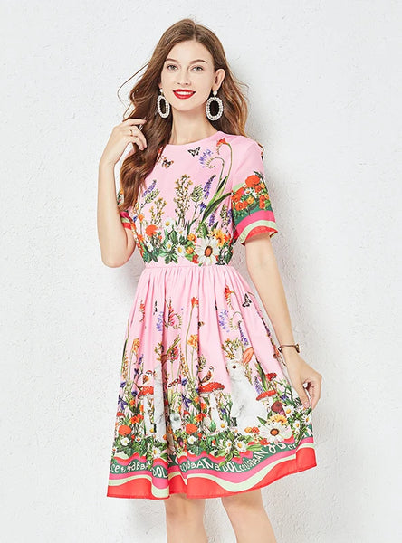 SLIM-FIT MID-LENGTH SHORT-SLEEVED PRINTED DRESS