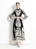 RETRO PRINTED LONG SLEEVE FRINGED DRESS