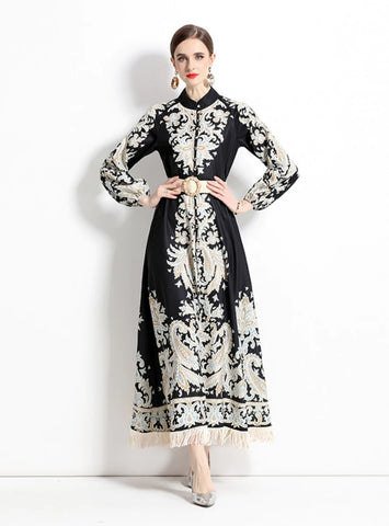 RETRO PRINTED LONG SLEEVE FRINGED DRESS