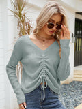 STYLISH IRREGULAR DRAWSTRING V-NECK LONG SLEEVE SWEATER