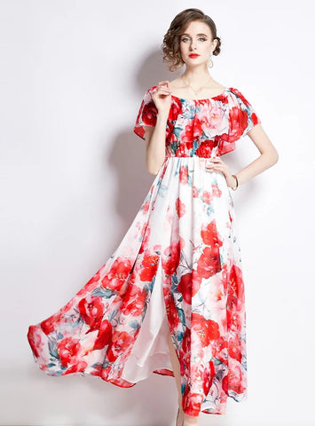 CHIFFON RUFFLED BEACH SLIT DRESS