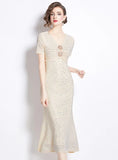 V-NECK RHINESTONE SLIM FISHTAIL DRESS