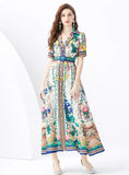 HOLIDAY SHORT SLEEVE PRINTED LONG DRESS