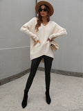 FASHION SOLID COLOR V-NECK FASHION TOP SWEATER