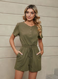 SOLID COLOR LOOSE SHORT SLEEVE POCKET JUMPSUIT