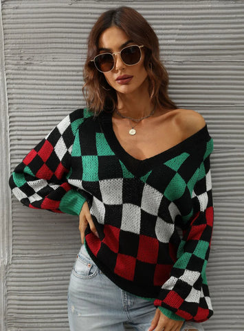 V-neck Check Contrast Pullover Sweater