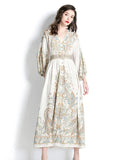 RETRO PALACE STYLE V-NECK LANTERN SLEEVE PRINTED DRESS