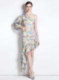 CHIFFON FLORAL IRREGULAR SLIM WAIST DRESS