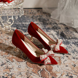 RED THIN HEELS AND POINTED WEDDING SHOES
