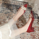 SATIN THICK-HEELED POINTED PEARL WEDDING SHOES