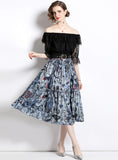 LACE BLOUSE PRINTED SKIRT TWO-PIECE SUIT