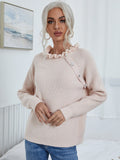 FASHION LOOSE BUTTON V-NECK LOTUS LEAF NECK SWEATER