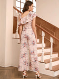 PRINTED DIAGONAL SHOULDER FLOUNCE JUMPSUIT