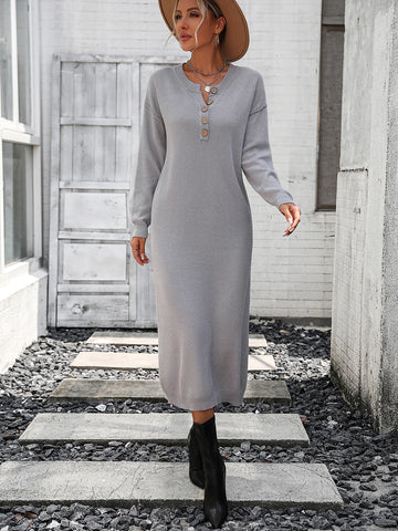 STYLISH WOMEN BUTTON LONG SWEATER DRESS