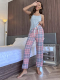 FASHION SUMMER SUSPENDER PLAID PAJAMAS TWO-PIECE SUIT