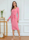 LONG-SLEEVED SPLIT PIT SOLID COLOR DRESS