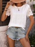 SUMMER LACE STITCHING ROUND NECK T-SHIRT