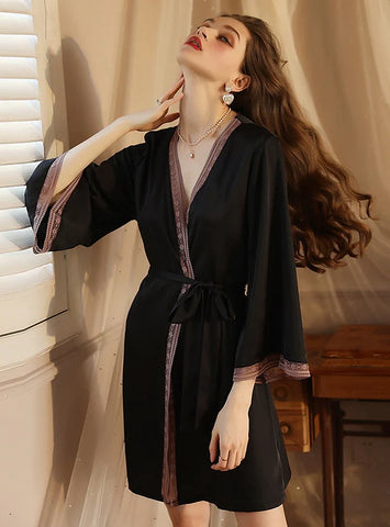 FASHION ICE SILK LONG SLEEVE SILK LACE NIGHTGOWN