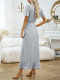 V-NECK SPLIT SHORT SLEEVE LONG DRESS