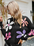 FASHION LONG SLEEVE ROUND NECK FLOWER PULLOVER LOOSE SWEATER