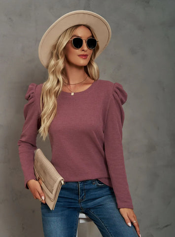 LONG SLEEVE PLEATED SPLICED ROUND NECK T-SHIRT