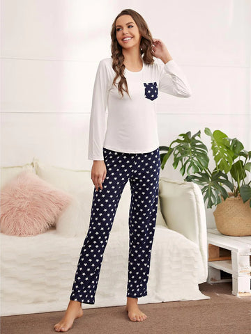 FASHION LONG-SLEEVED TOP POLKA-DOT TROUSERS PAJAMAS SUIT