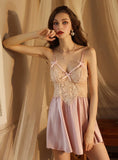FASHION SEXY V LACE SATIN PERSPECTIVE SUSPENDER NIGHTDRESS