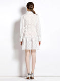 HOLLOW COTTON LACE-UP LONG SLEEVE DRESS