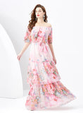 Lotus Leaf Printed Long Cake Dress