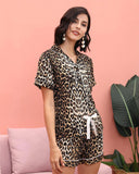 FASHION SEXY V-NECK LEOPARD PRINT SHORT SLEEVE TWO-PIECE SUIT