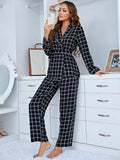 FASHION PLAID LONG SLEEVE DEEP V-NECK TWO-PIECE SUIT