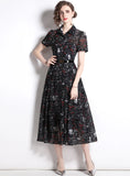 SHIRT COLLAR SHORT SLEEVE SLIM RETRO PRINT DRESS