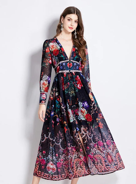 V-NECK PRINTED LONG SLEEVE DRESS
